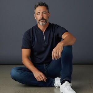 Mauvais Mens Navy Blue Short Sleeve Zip Neck Polo Shirt Size 2XL